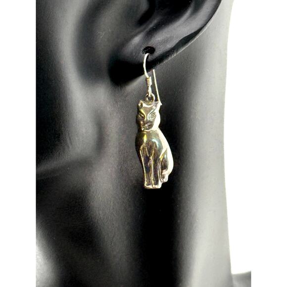 Vintage 925 Silver Norwegian Designs Cat Dangle Earrings - Picture 1 of 3